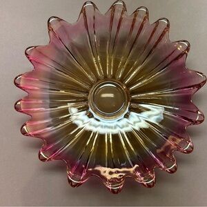Vintage Iridescent Carnival Style Glass Shallow‎ 11” Bowl  Ruffled Edge Flower